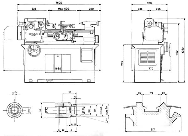 Schaublin 120 vm Верстат токарно-гвинторізний. Габарити робочого простору